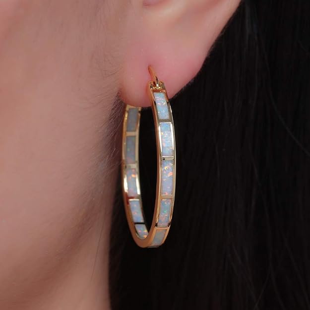 CiNily Opal Hoop Earrings,Women Jewelry Rhodium Plated Yellow Gold Plated Gemstone Big Hoop Earrings 32mm