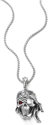 COOLSTEELANDBEYOND Mens Steel Viking Pirate Skull Pendant Necklace with Cubic Zirconia and Wheat Chain