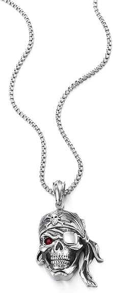 COOLSTEELANDBEYOND Mens Steel Viking Pirate Skull Pendant Necklace with Cubic Zirconia and Wheat Chain