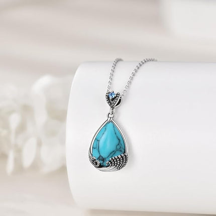 Teardrop Moss Agate/Turquoise/Moonstone/Larimar Mermaid/Fox/Cat Necklace Sterling Silver Pendant Necklace Jewelry Gifts for Women Girls
