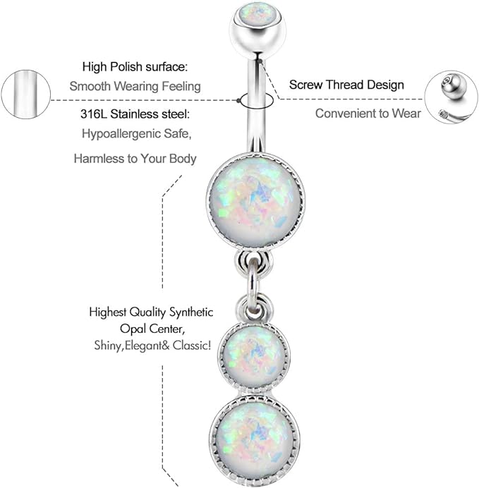 Cute Dangly Opal Belly Button Rings 14g 316L Stainless Steel Dangle Navel Rings for Women Long Curved Barbell