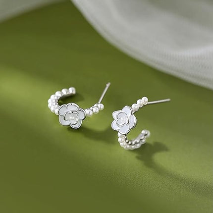 SLUYNZ Sterling Silver Flower Pearls Hoop Earrings for Women Teen Girls Huggie Earrings Wedding Earrings for Statement Bridal Mothers Day Gifts Jewelry