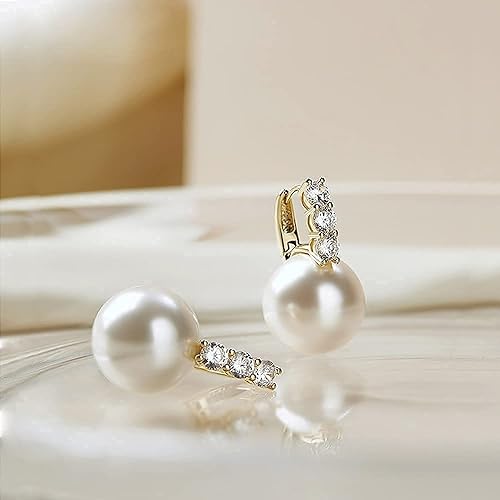 Kesaplan Pearl Earrings for Women Girls 14K Gold Plated Hypoallergenic Pearl Earrings 5A Cubic Zirconia Dangle Earrings Elegant Jewelry for Gifts
