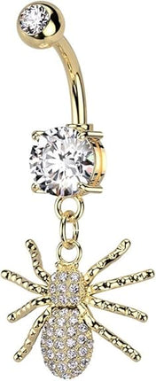Pierced Owl 14GA 316L Stainless Steel CZ Crystal Paved Spider Dangling Belly Button Ring