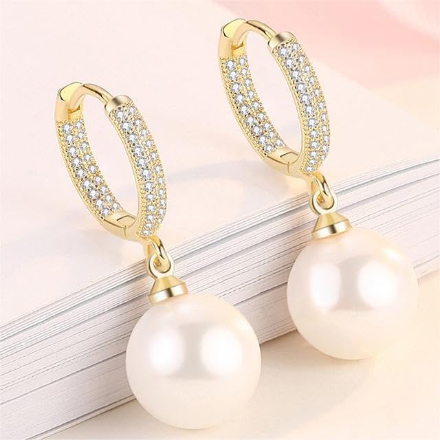 Pearl Drop Diamond Earrings for Women 925 Sterling Silver Rhinestone Pearl Earrings White Pearl Dangle Earrings