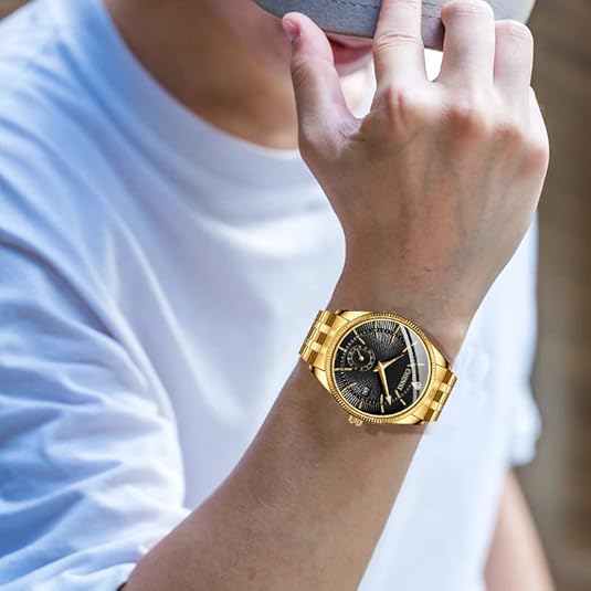 FANMIS Men's Luxury Analog Quartz Gold Wrist Watches Business Stainless Steel Band Dress Wrist Watch Classic Calendar Date Window 3ATM Water Resistant