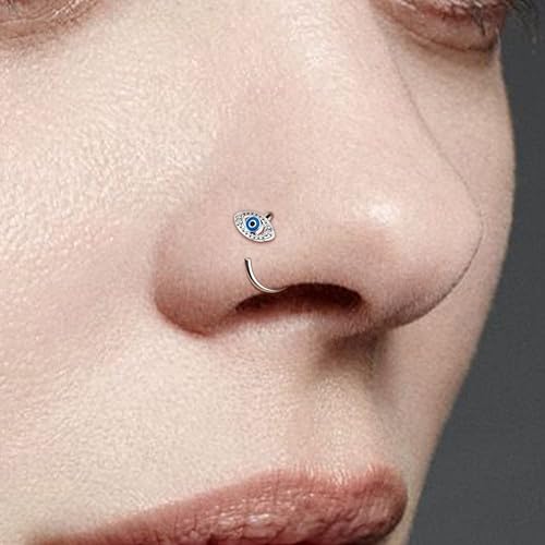 OUFER 20G Nose Ring Hoop，316L Stainless Steel Blue Evil Eye Cartilage Earrings，Nose Piercing