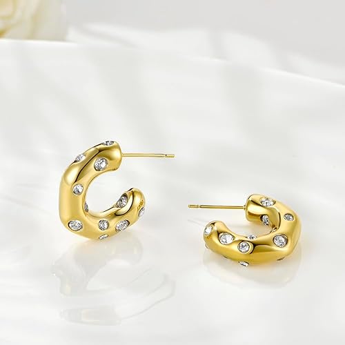 FRUMOS Gold Earrings for Women Girls,14K Gold Plated Hoop Earrings with 925 Sterling Silver Post Cubic Zirconia Stud Earring