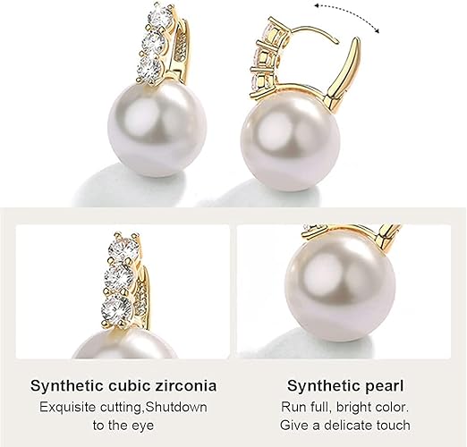 Kesaplan Pearl Earrings for Women Girls 14K Gold Plated Hypoallergenic Pearl Earrings 5A Cubic Zirconia Dangle Earrings Elegant Jewelry for Gifts