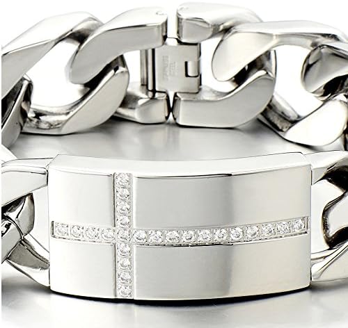 COOLSTEELANDBEYOND Mens Large Stainless Steel Cross Identity Curb Chain Bracelet Set with Cubic Zirconia Hip Hop Rock