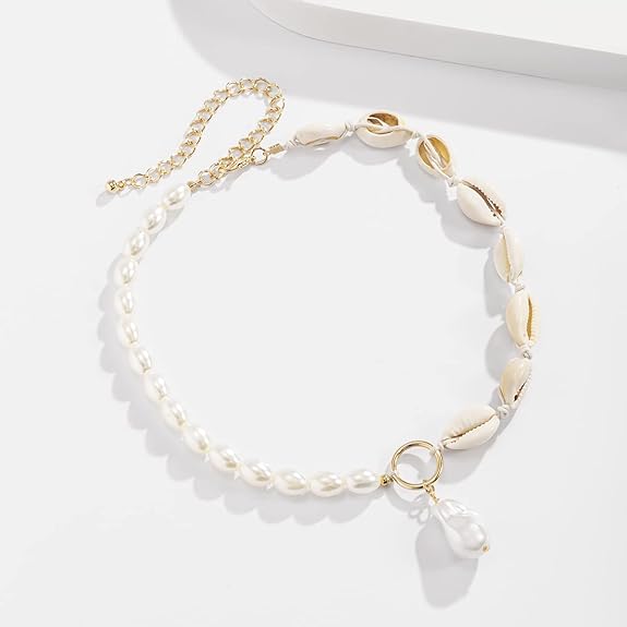 Simple Design Pearl Choker with Shell Pendant Summer Vacation Party