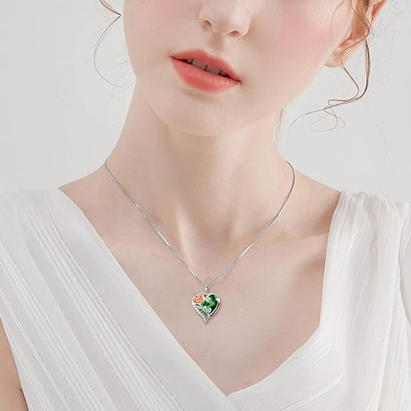 TOUPOP Jewelry for Women Rose Flower Necklace 925 Sterling Silver Rose Crystal Pendant Necklace Heart Birthstone Necklace Birthday Anniversary Jewelry Gifts for Women Wife Girls Mom