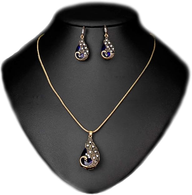 Ezing Women Gold Plated Green Peacock Jewelry Set Pendant Necklace Earrings