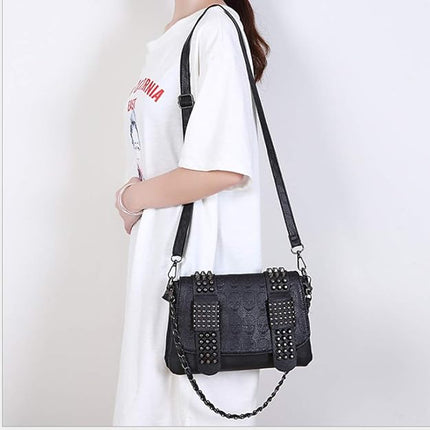 Women Punk Skull Shoulder Top-Handle Bag Goth Rivet Purse Handbag PU Leather Chain Satchel Tote Black