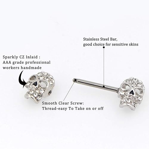 OUFER 2PCS 14G 316L Surgical Steel Nipple Rings Barbell Clear CZ Skull Nipple Bars Nipple Piercing