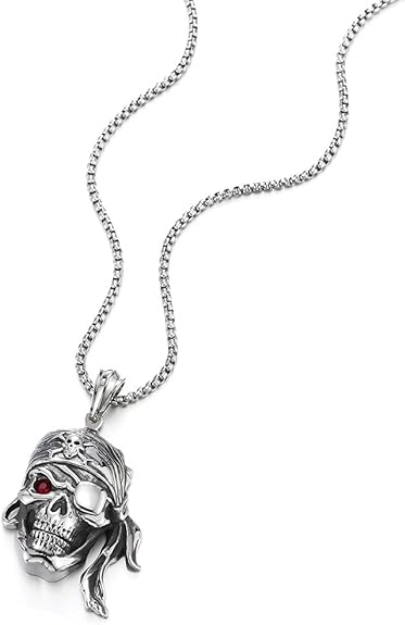 COOLSTEELANDBEYOND Mens Steel Viking Pirate Skull Pendant Necklace with Cubic Zirconia and Wheat Chain