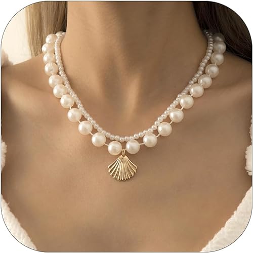 YANCHUN Sea Shell Necklace for Women Gold Shell Pendant Necklace Layered Charm Necklaces Summer Jewelry Surfer Beachy Necklace Summer Stuff for Teen Girls