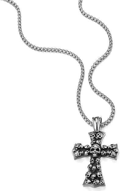COOLSTEELANDBEYOND Men's Large Gothic Vintage Skulls Cross Pendant Necklace of Steel, Wheat Chain
