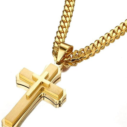 putouzip 18K Gold Iced Out Cross Pendant 316L Stainless Steel Cuban Link Chain Necklace For Men