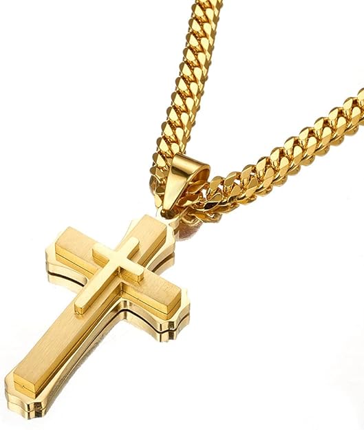 putouzip 18K Gold Iced Out Cross Pendant 316L Stainless Steel Cuban Link Chain Necklace For Men