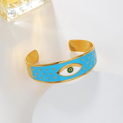 Evil Eye Bracelet for Women -18K Gold Plated Women's Stainless Steel Cuff Bracelets Evil Eye Drop Oil Blue Eyes Protection Bracelet