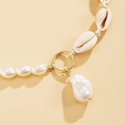 Simple Design Pearl Choker with Shell Pendant Summer Vacation Party