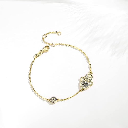 Hamsa Hand Evil Eye Bracelet 925 Sterling Silver Cubic Zirconia Link Chain 7" Adjustable for Women