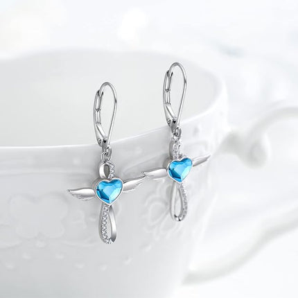 Midir&Etain Lever Earrings 925 Sterling Silver Birthstone Angel Wings Cross Earrings Crystal Jewelry Birthday Gifts for Women