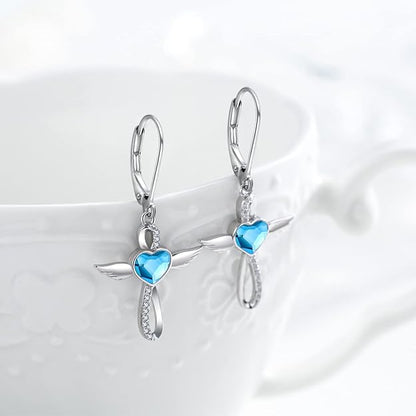 Midir&Etain Lever Earrings 925 Sterling Silver Birthstone Angel Wings Cross Earrings Crystal Jewelry Birthday Gifts for Women