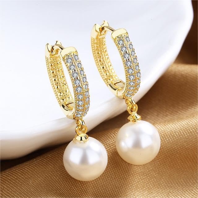 Pearl Drop Diamond Earrings for Women 925 Sterling Silver Rhinestone Pearl Earrings White Pearl Dangle Earrings