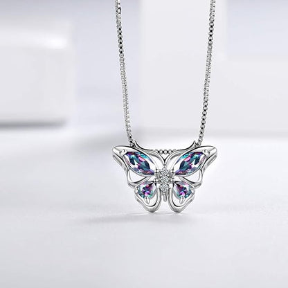 Aurora Tears Butterfly Birthstone Pendant Necklace - Women 925 Sterling Silver Butterflies Birthstone Pendant Necklace Jewelry Birthday Gift for Women