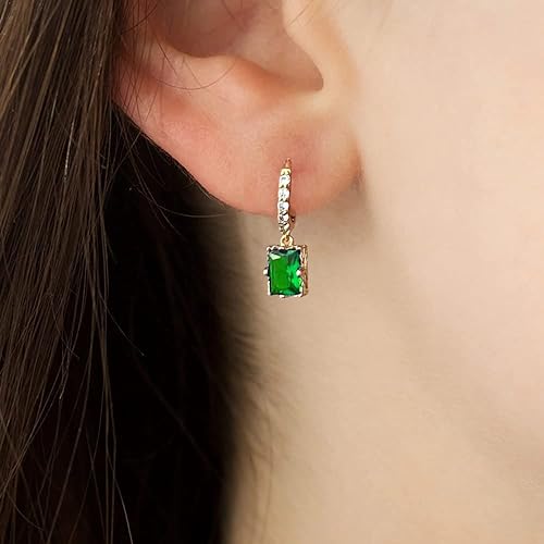 Gold Huggie Hoop Earrings For Women Small Square Austrian Crystal Green Drop Earrings 18k Gold Plated