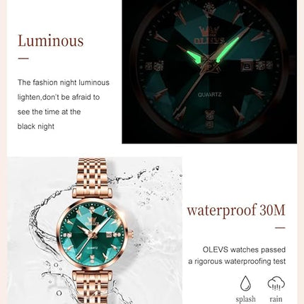 OLEVS Women Watch Fashion Rose Gold Diamond Analog Quartz Female Watch for Women Luxury Dress Ladies Stainless Steel Luminous Waterproof Date Wrist Watches