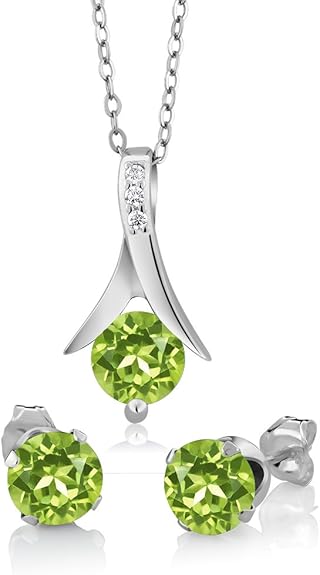 Gem Stone King 925 Sterling Silver Green Peridot Pendant and Earrings Set For Women (3.00 Cttw, Round Gemstone Birthstone, with 18 Inch Chain)