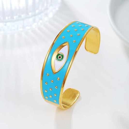 Evil Eye Bracelet for Women -18K Gold Plated Women's Stainless Steel Cuff Bracelets Evil Eye Drop Oil Blue Eyes Protection Bracelet