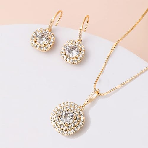 MARSHILY Pendant Halo Earrings and Delicate Chain Necklace Set Wedding Jewelry Sets for Women, 18k Gold Plated