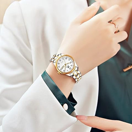 OLEVS Women's Watch Gold Diamond Classic Elegant Dress Wrist Watch Stainless Steel Waterproof Day Date