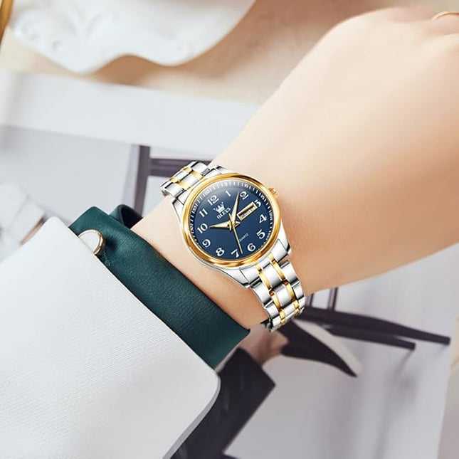 OLEVS Luxury Ladies Watches,Women's Watch with Day and Date,Female Watch for Small Wrist,Gold Stainless Steel Watches for Women,Easy Read Ladies Wrist Watches Waterproof（Adjustable Strap