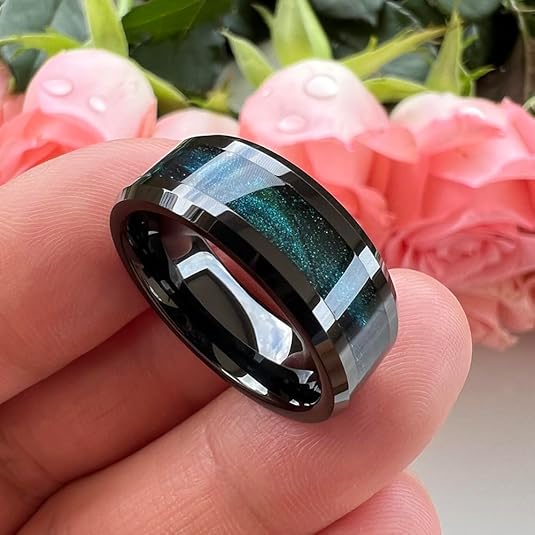 8mm Black Tungsten Rings for Men Women Flowing Sand Inlay Fashion Engagement Promise Wedding Band Beveled Polished Shiny Comfort Fit