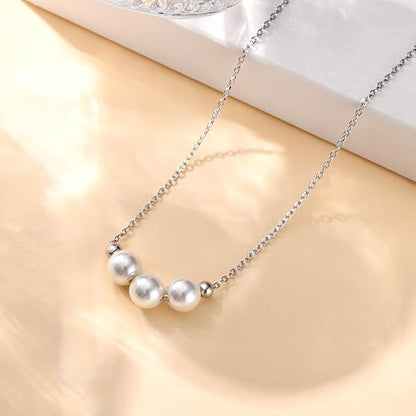 Pearl Necklace for Women, 925 Sterling Silver Dainty Pearl Pendant Necklace Jewelry Gift, Simple 3 White Pearl Choker Necklaces for Mom Friends Grandma Daughter Mother Day Birthday Wedding Valentines Christmas Party