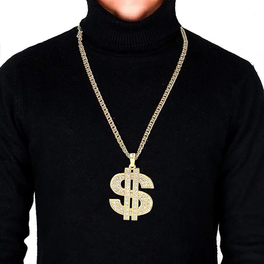 Gold Chain with Dollar Sign Big Money Necklaces for Men Women, Stainless Steel Iced Out Rhinestone Jewelry, Fashion Pendants with 28 Inches Chain