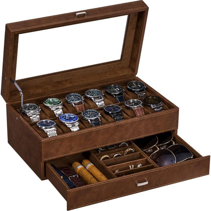 BEWISHOME Watch Box for Men Luxury Watch Organizer Faux Leather Watch Case with Jewelry Drawer, Real Glass Top, Metal Hinge, Brown SSH12Z