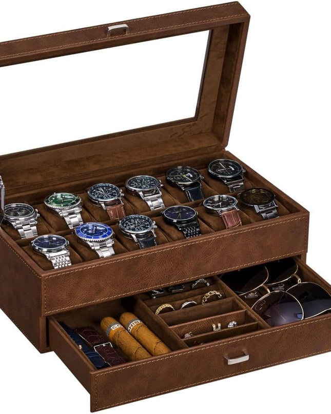 BEWISHOME Watch Box for Men Luxury Watch Organizer Faux Leather Watch Case with Jewelry Drawer, Real Glass Top, Metal Hinge, Brown SSH12Z