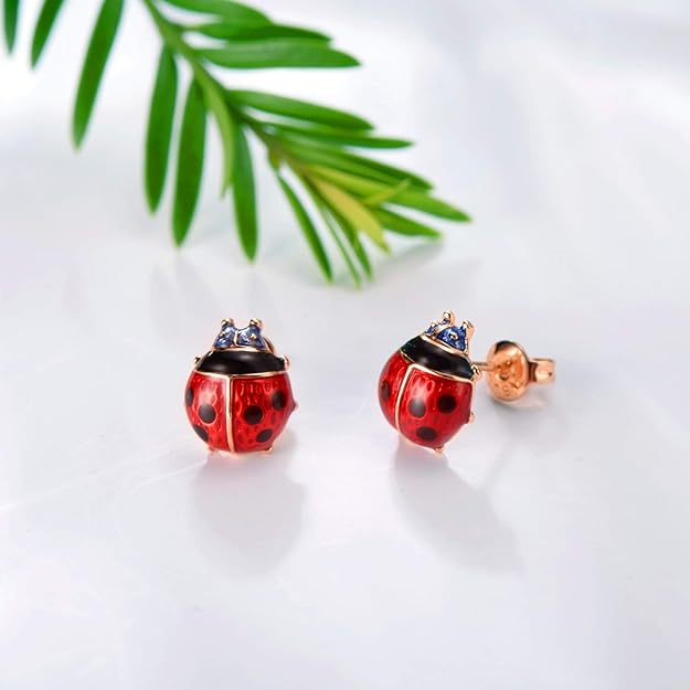 Stud Earrings, Red Ladybug Black Spots 18K Gold Plated 925 Sterling Silver Post Rose Flower Stud Earrings for Women and Girl