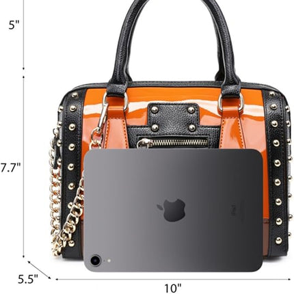 Dasein Barrel Bags for Women Shiny Patent Faux Leather Handbags Top Handle purse Rivet Decoration Satchel Bags Shoulder Bag