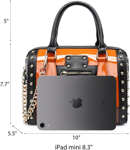 Dasein Barrel Bags for Women Shiny Patent Faux Leather Handbags Top Handle purse Rivet Decoration Satchel Bags Shoulder Bag