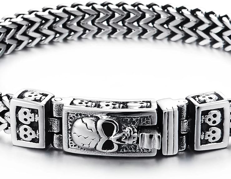 COOLSTEELANDBEYOND Mens Stainless Steel Franco Link Curb Chain Bracelet, Vintage Pattern Filigree Spring Box Clasp