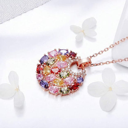 Crystal Colorized Cubic Zirconia Laminated Flower Pendant Necklace with 17.32+1.96 in Extender Chain for Women | Necklace extender | Crystal Necklace | Flower Necklace |Silver Multi Color Necklace