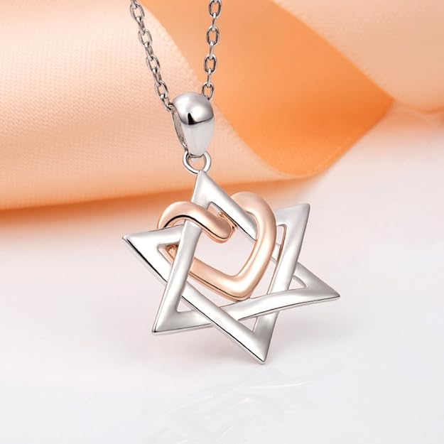 APOTIE Silver Star of David pendant with Rose Gold Heart Necklace Mother Day Jewelry Gift for Mom Women (Rose Gold Heart Star of David Necklace)