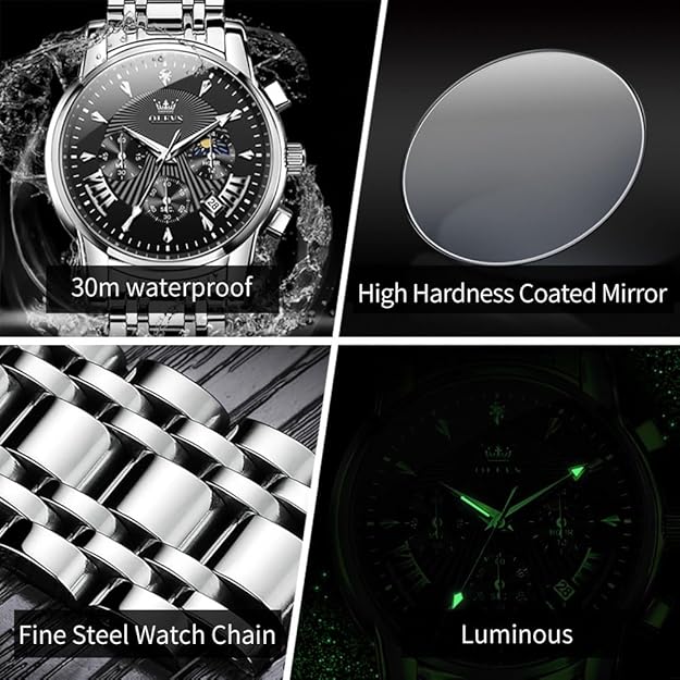OLEVS Men's Luxury Watch Waterproof Luminous Easy Read Chronograph Watches Full Gold/White Dail/Black Face with Calendar Wristwatch